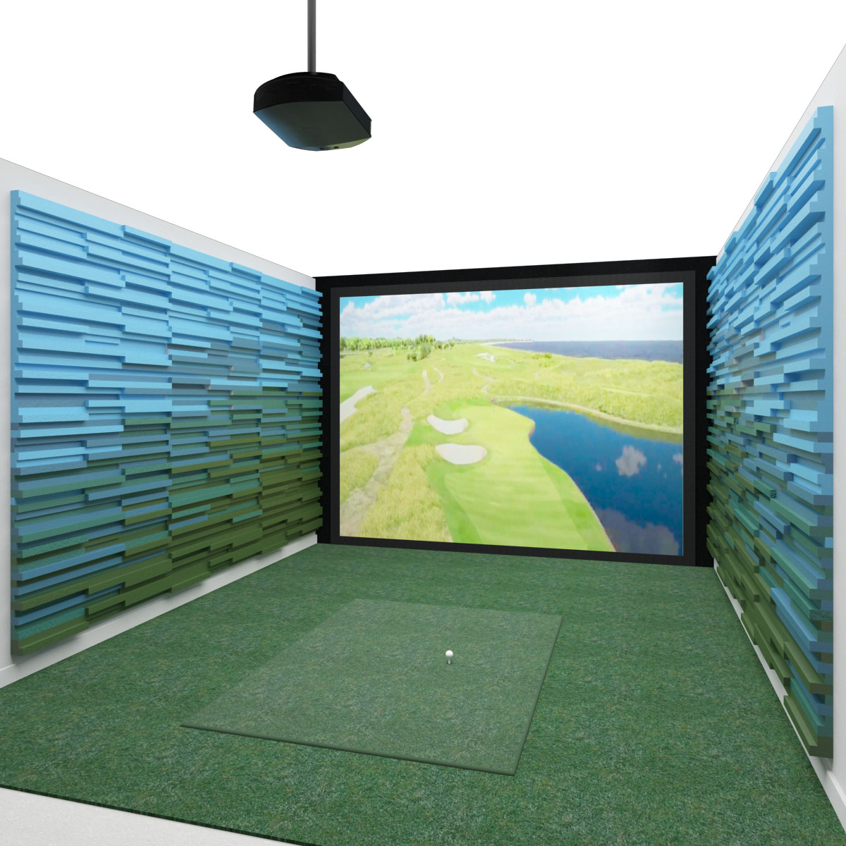 Render of a golf simulator with sound-absorbing Audimute Strata